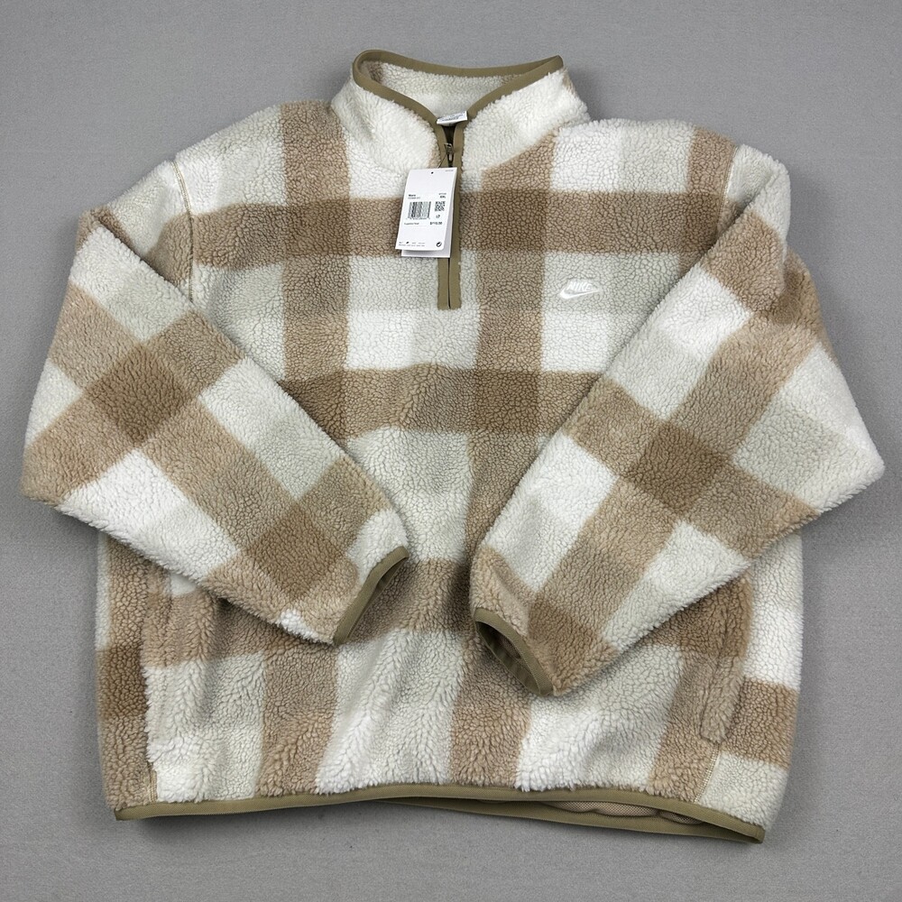 Nike Jacket Men 2XL Brown Plaid 1/4 Zip Sherpa Fleece Pullover Pocket XXL